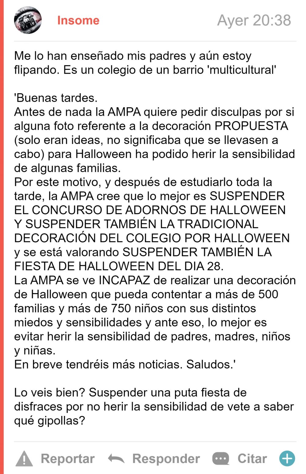 "Desde el COLEGIO de mi hermano han enviado esto a los padres, sobre HALLOWEEN"