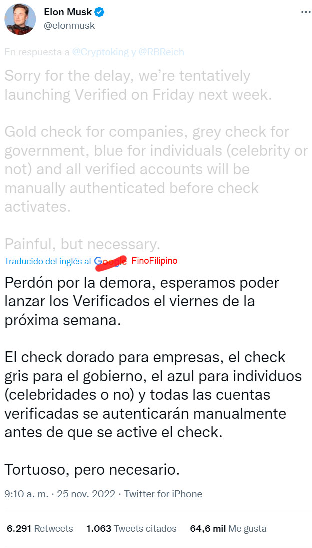 Elon Musk anuncia que habrá 3 checks de verificación distintos, y que la identidad se confirmará de forma manual
