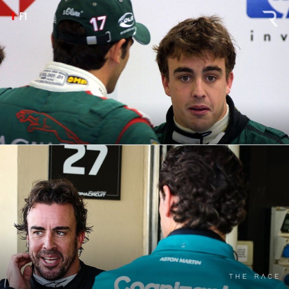 Arriba: Fernando Alonso y Pedro de la Rosa de verde en el box de Jaguar (2002)