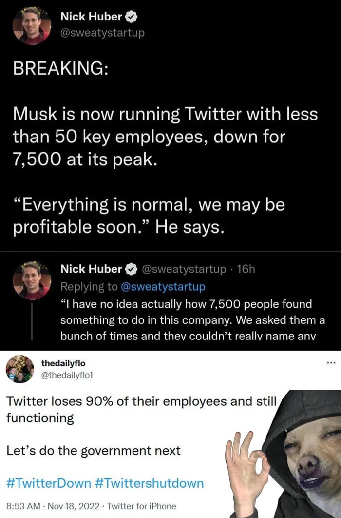 "Ahora hagámoslo con el gobierno": Twitter está funcionando con solo 75 empleados clave, lejos de los 7500 que ha llegado a tener