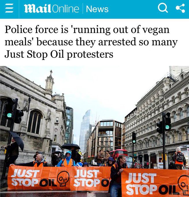 La policía se está quedando sin comida vegana porque están deteniendo a demasiados activistas de "Just Stop Oil"
