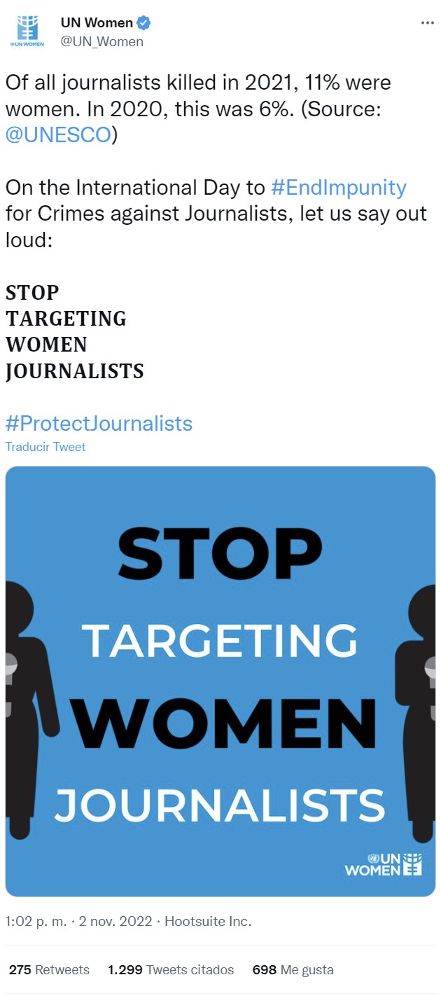 No es una parodia, es la página oficial de ONU Mujeres diciendo que no se puede consentir que el 11% de los periodistas asesinados sean mujeres.