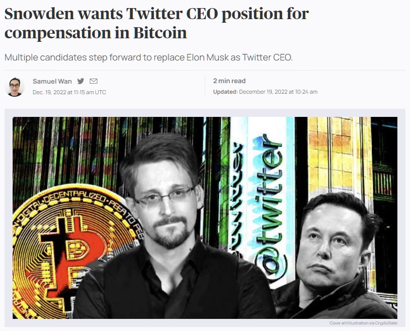Edward Snowden se ofrece a asumir el cargo de director general de Twitter a cambio de un salario en BTC (ENG)