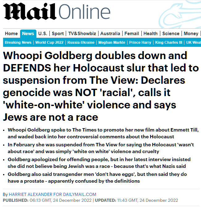 Whoopi Goldberg dice que el Holocausto "no fue para tanto", que lo de George Floyd si que fue grave