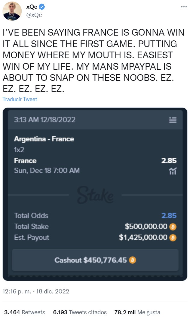 El streamer xQc apostó medio millón de dólares por Francia