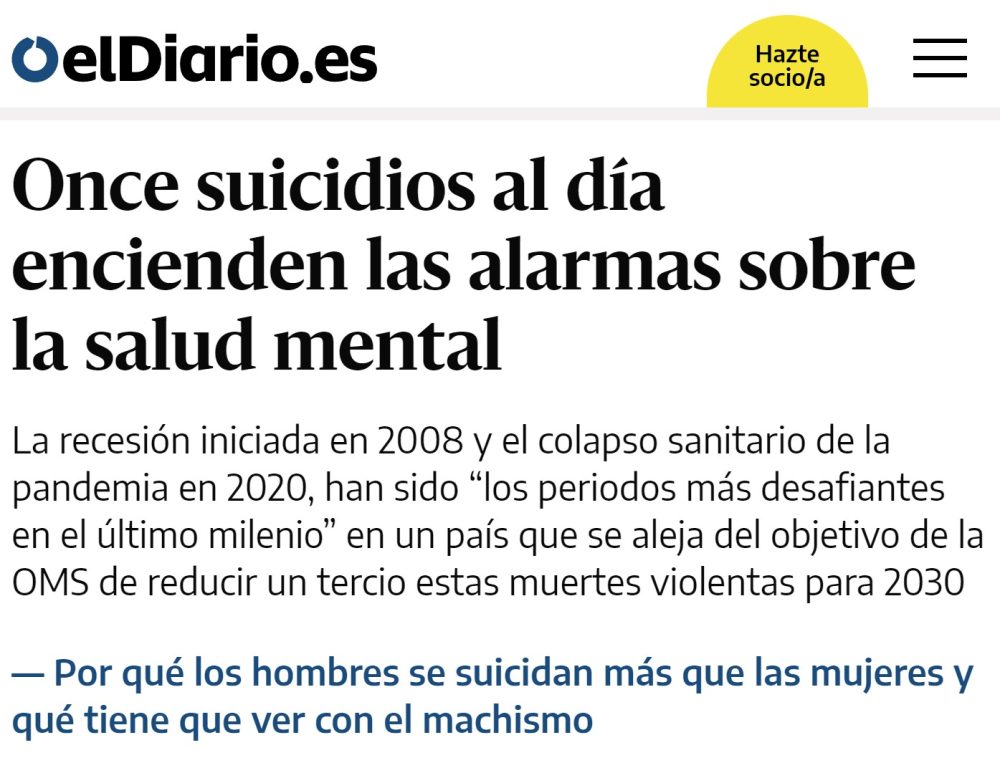 "Desde agosto de 2008 no ha habido un mes en el que el suicidio no haya sido la 1ª causa de muerte por factores externos en España. Se producen 11 al día. Triplica el nº de muertos por accidentes de tráfico. La mitad tienen entre 40 y 65 años. 3 de cada 4 son hombres."
