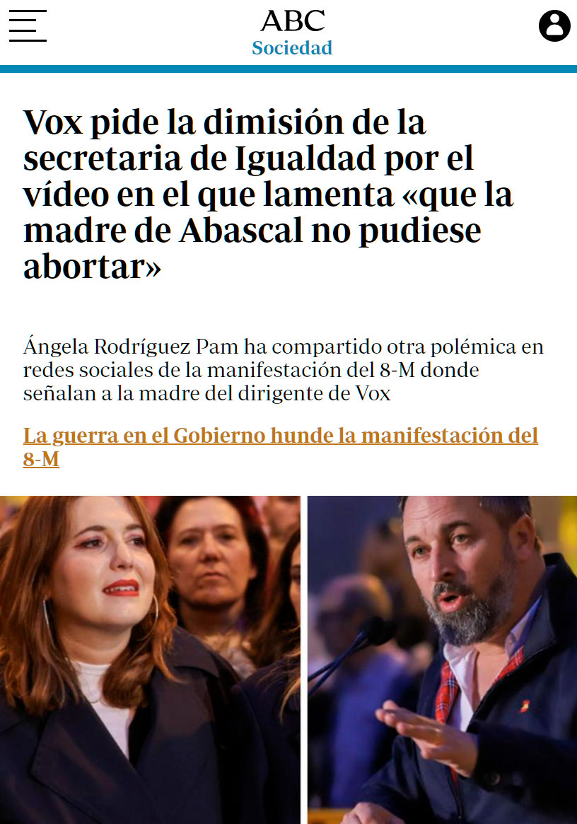 VOX pide la dimisión de PAM por subir un vídeo a sus redes sociales en el que manifestantes se lamentan de "que la madre de abascal no pudiera abortar"