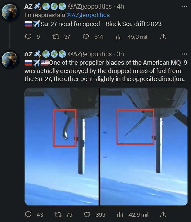 Las autoridades estadounidenses han publicado un vídeo que muestra el derribo del dron MQ-9 Reaper sobre el Mar Negro por parte de un SU-27 ruso
