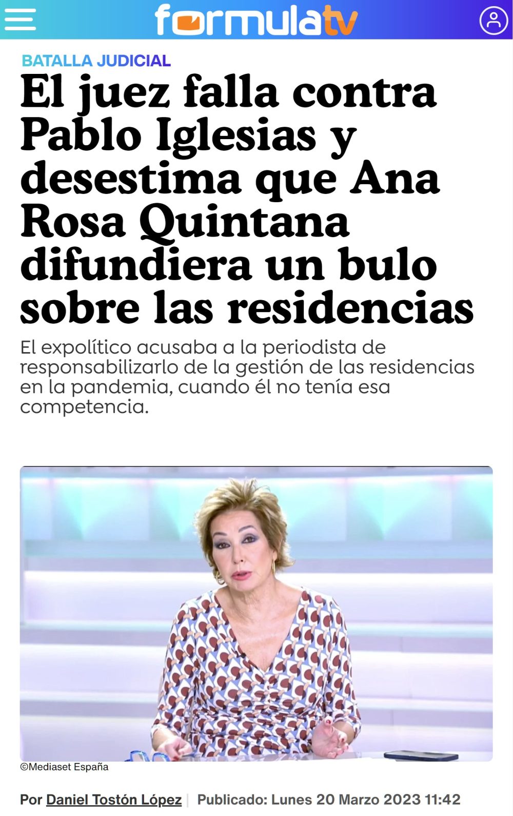 Pablo Iglesias pierde el juicio contra Antena3 y Ana Rosa Quintana: "El juez estima que la opinión estaba construida en base a la información dada por el propio equipo de Gobierno. Es decir, que hemos ganado a Pablo Iglesias"