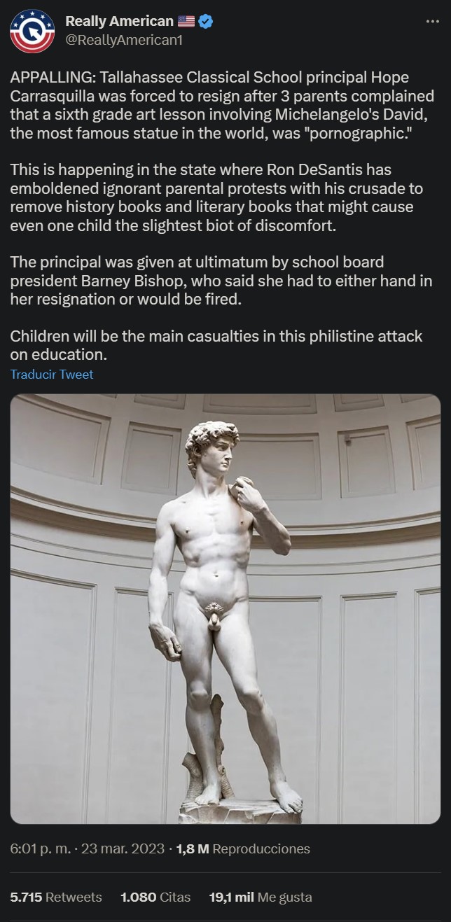 Obligan a dimitir a la directora de la Escuela Clásica de Tallahassee por mostrar el David de Miguel Ángel.