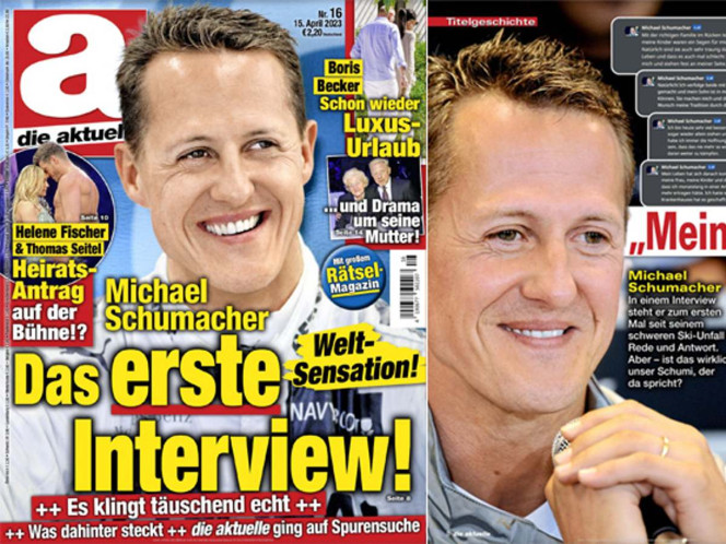 Una revista alemana anuncia en portada "la primera entrevista a Michael Schumacher" desde 2013. "Sensación mundial". Doble página. Sin firma. ¡Pero en realidad son respuestas de un programa de Inteligencia artificial!