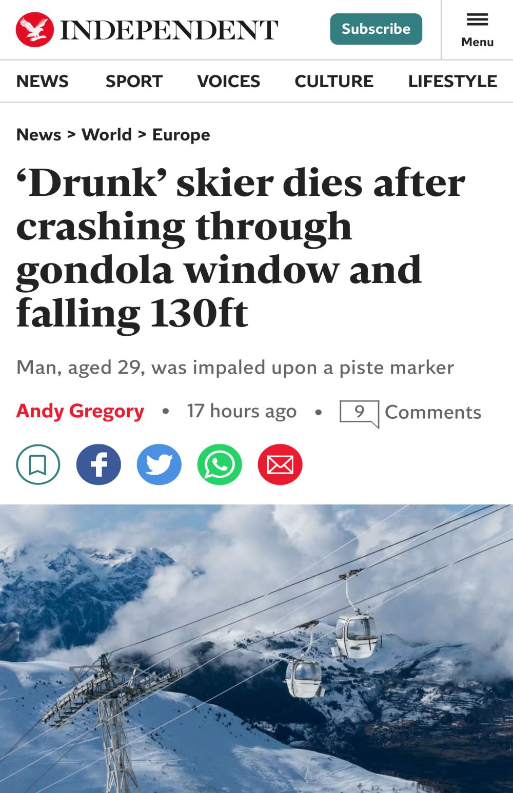 Adivinad la nacionalidad: Esquiador borracho muere empalado al caer de un telecabina sobre una señal de pista