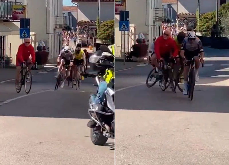 Un señor en bici intenta apartarse delante de un pelotón y acaba liándola parda