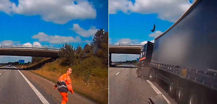 Un operario cruza la carretera justo antes de que un camión fuera de control le pase por encima