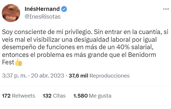 Inés Hernand está llorando en redes porque cobró menos que sus dos compañeros por presentar el Benidorm Fest