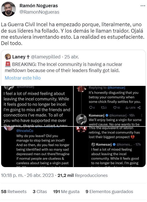 Resumen del movimiento INCEL: Odiar a todas las mujeres... hasta que una te hace caso.