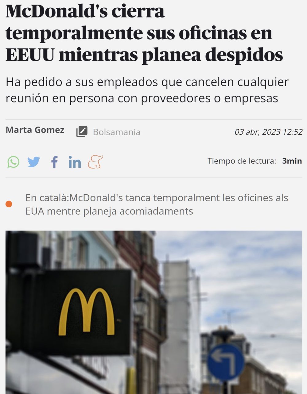 McDonald's cierra temporalmente todas sus oficinas en Estados Unidos