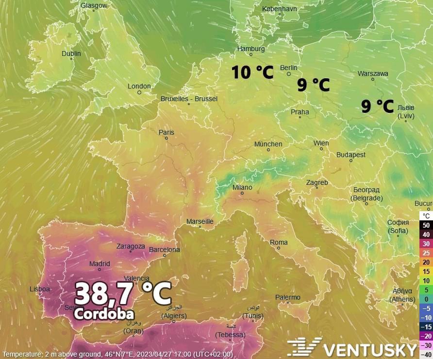 La temperatura en Córdoba (sur de España) alcanzó ayer los 38,7 °C (al mismo tiempo, rondaba los 10 °C en Europa Central).