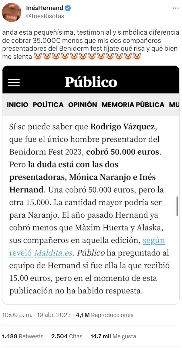 Inés Hernand está llorando en redes porque cobró menos que sus dos compañeros por presentar el Benidorm Fest