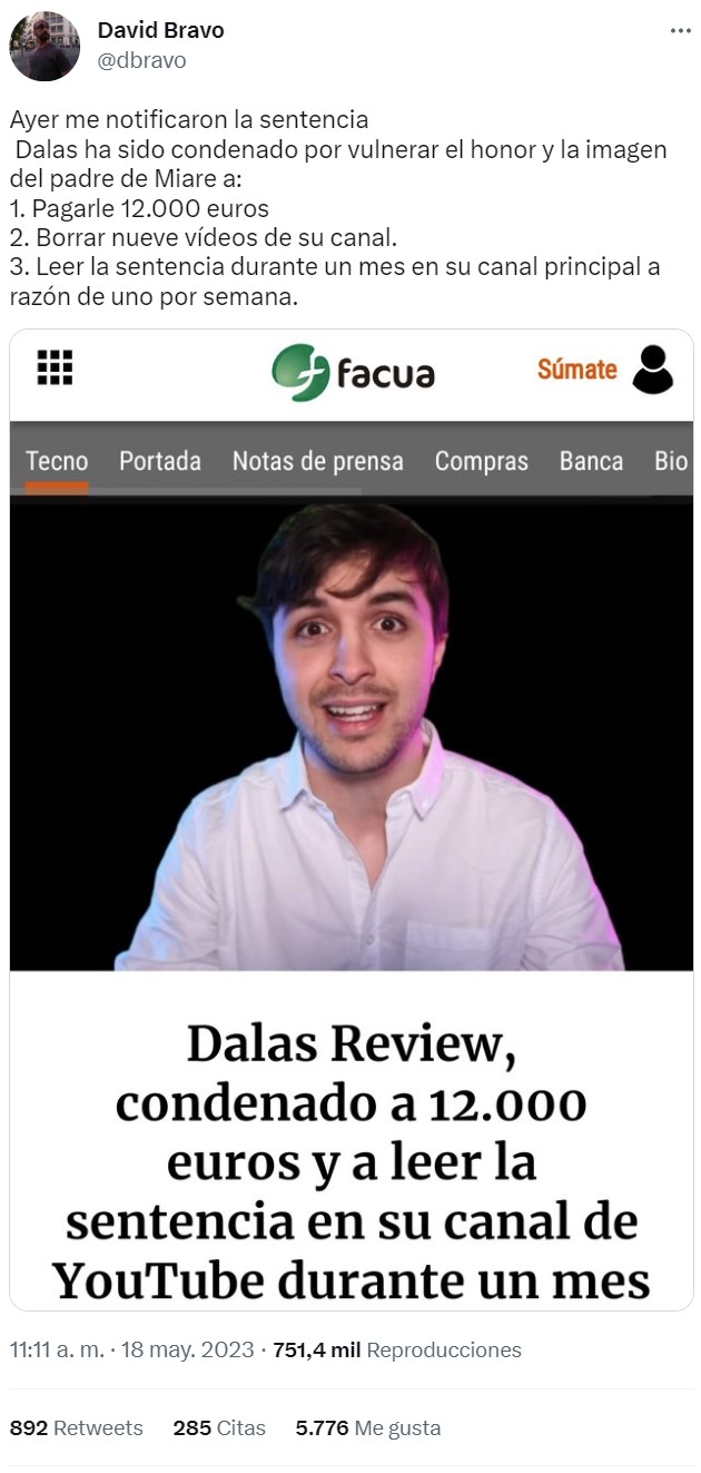 Dalas Review condenado a pagar 12000 euros y a leer la sentencia en su canal de Youtube durante un mes