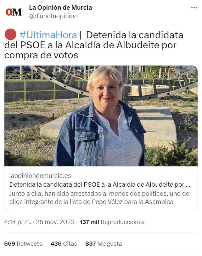 Ayer detenían a la candidata del PSOE a la alcaldía de Albudeite (Murcia)