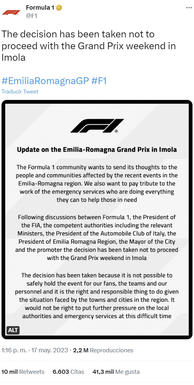 Oficial: NO habrá Gran Premio de la Emilia-Romaña este fin de semana.