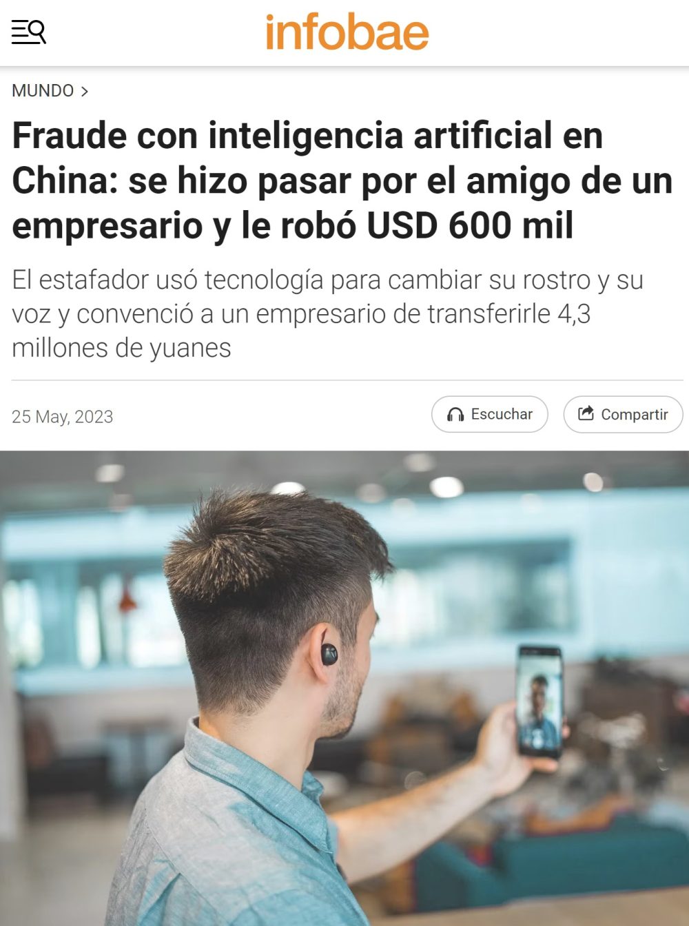 Fraude con inteligencia artificial en China: se hace pasar por el amigo de un empresario y le roba 600.000 dólares.