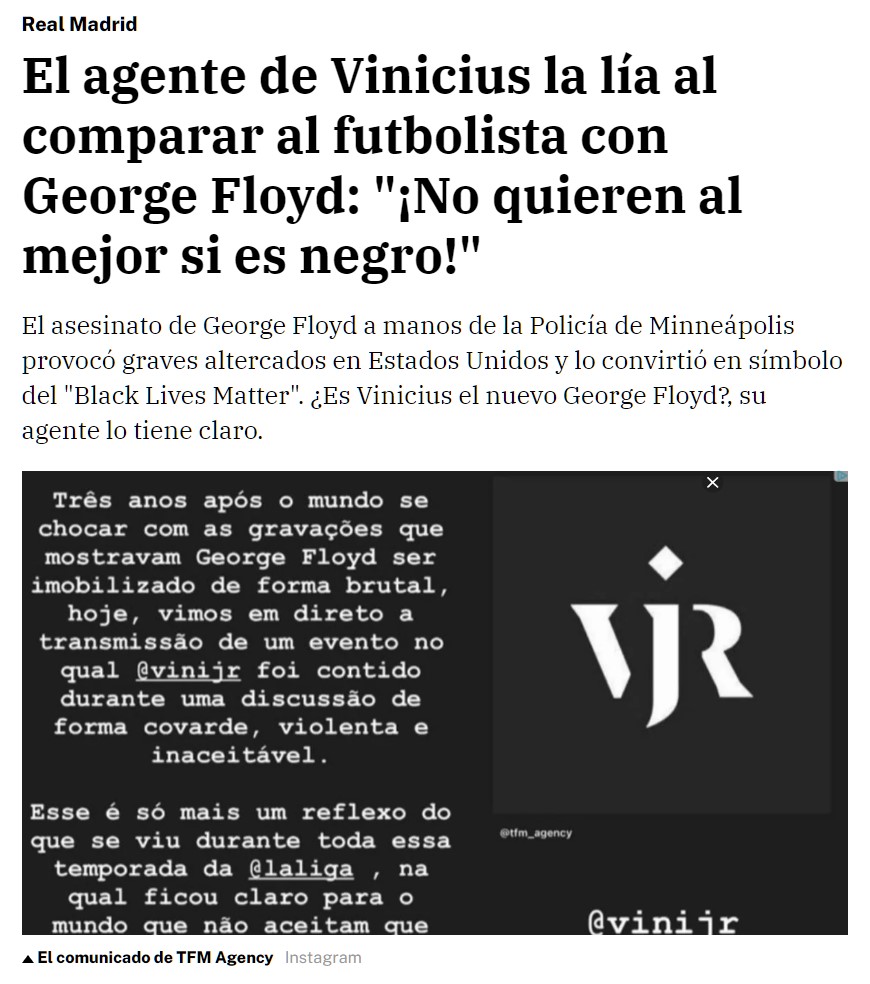 El agente de Vinicius compara a Vinicius con George Floyd