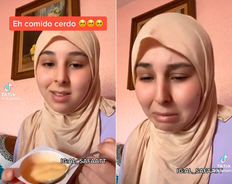 Chica musulmana comiéndose unas natillas: "Esto está demasiado bueno, voy a mirar los ingredientes..."