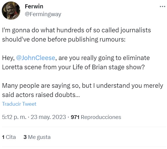No, en contra de las recomendaciones de su equipo, John Cleese NO eliminará la escena de Loretta de La Vida de Brian.