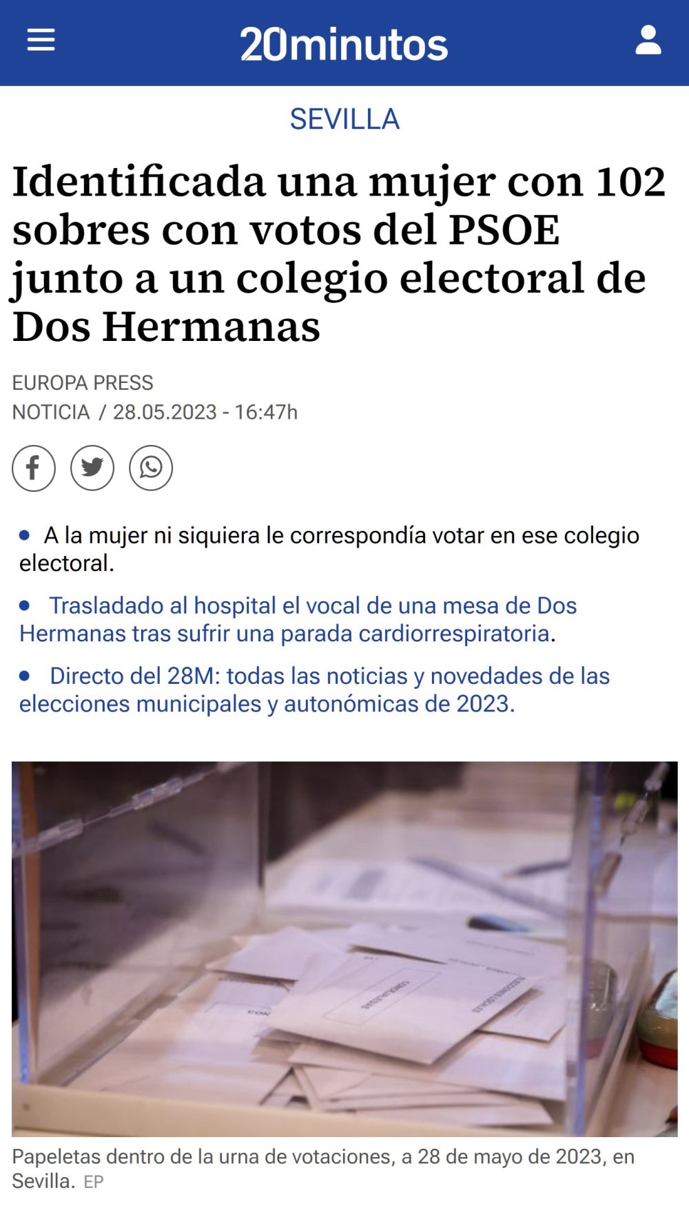 Una mujer pillada con 102 votos del PSOE en un colegio electoral en el que ni siquiera a ella le correspondía votar