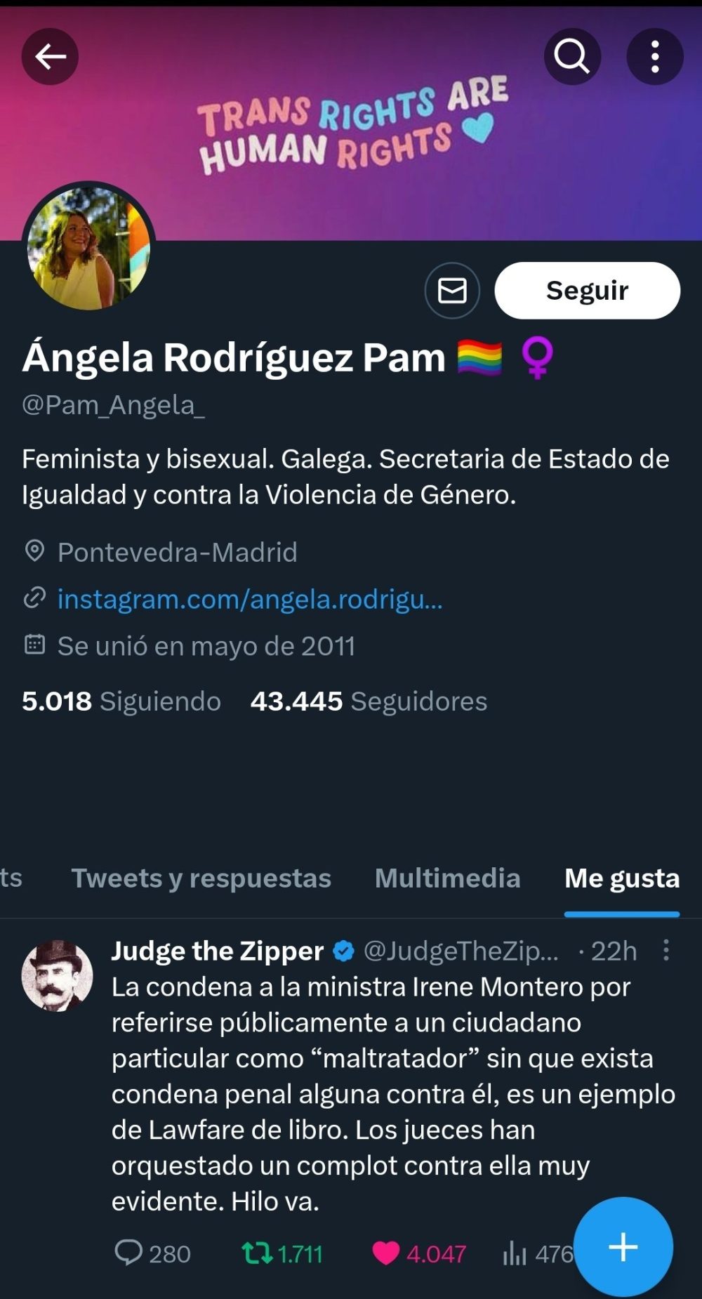 Que Ángela Rodríguez Pam le de like a un hilo sarcástico sobre la supuesta persecución a Irene Montero, es un buen resumen de la legislatura