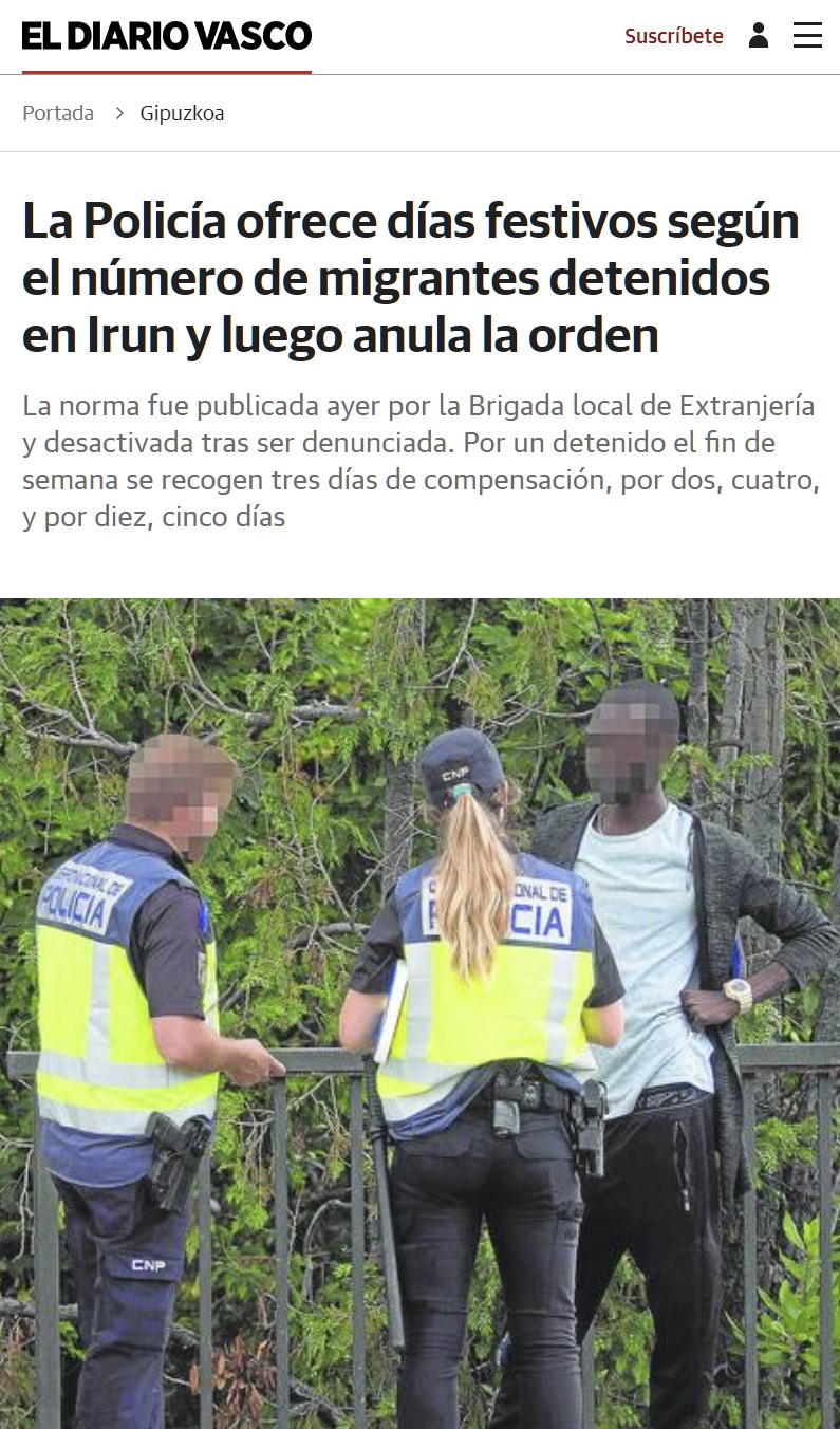 La Policía Nacional del País Vasco daba 3 días de compensación por un inmigrante detenido (4 días por 2 detenidos, y 5 días por 10 detenidos)