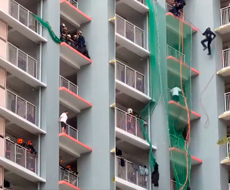 Impecable y espectacular rescate a una mujer que amenazaba con quitarse la vida lanzándose desde un 6º piso.