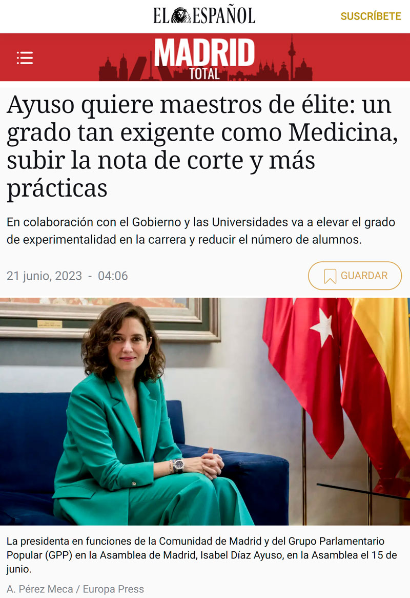 Ayuso quiere maestros de élite, y para ello pretende subir a categoría III la carrera de Magisterio.