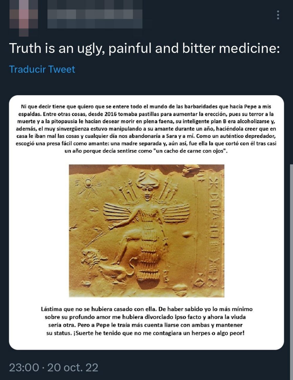 Un profesor de la universidad de Sevilla palma el año pasado y su mujer (profesora en la misma uni) entra a su Twitter para dar la noticia de su fallecimiento a los seguidores y... descubre chats que prueban una cornamenta de 20 años.