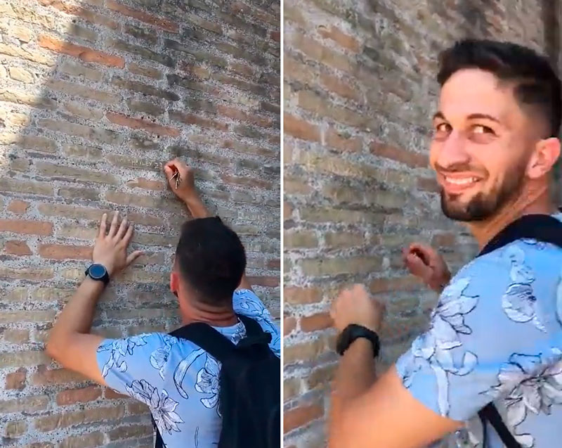 Pillado un turista grabando su nombre y el de su novia en las paredes del Coliseo de Roma