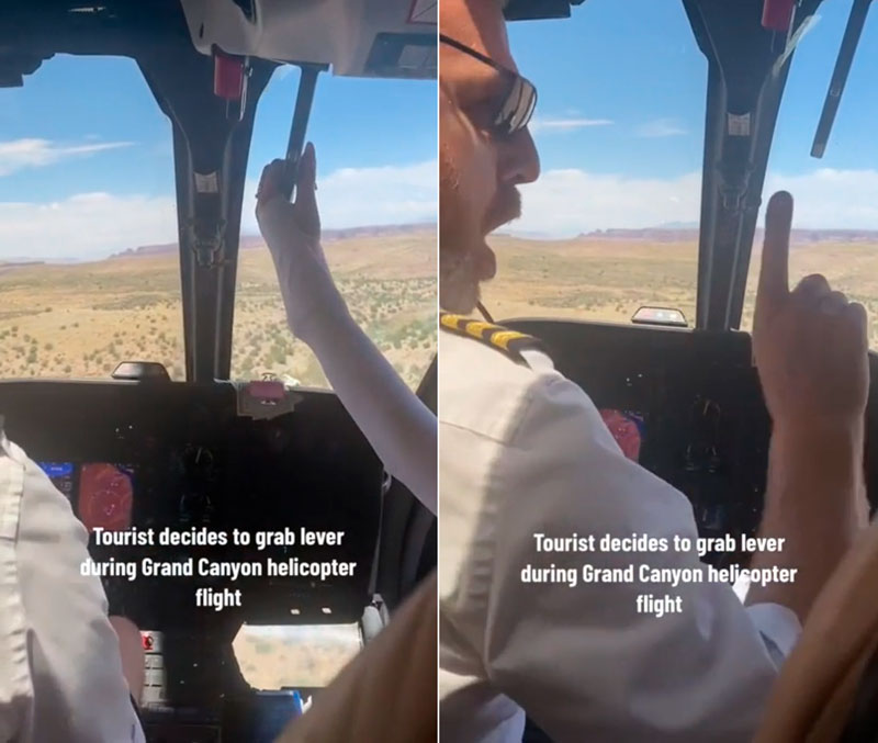 Una turista agarra la palanca de freno del rotor de un helicóptero en pleno vuelo ante la mirada estupefacta del piloto.