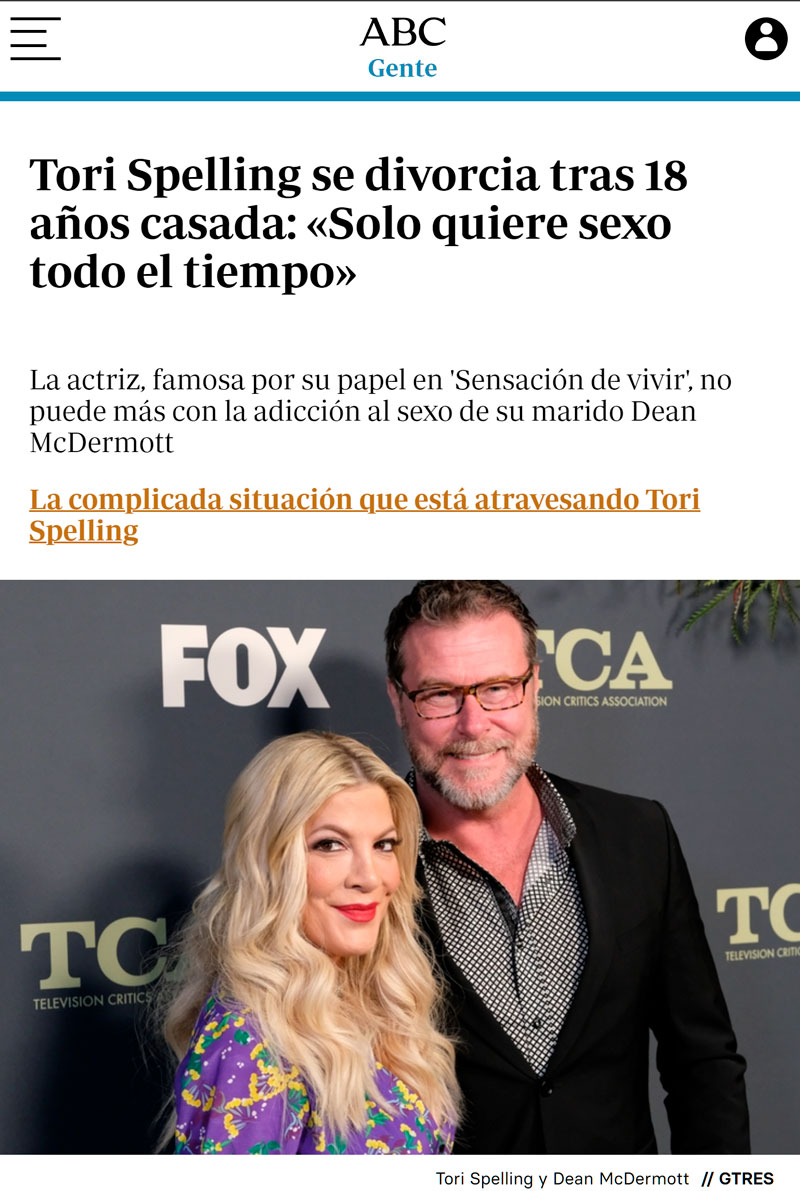 Tori Spelling se divorcia porque su marido está más salido que la proa del Titanic.