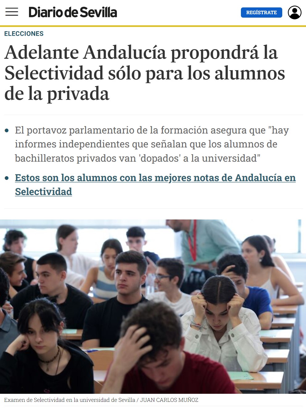 Adelante Andalucía dice que solo los alumnos de la privada tienen que probar su nivel en selectividad.