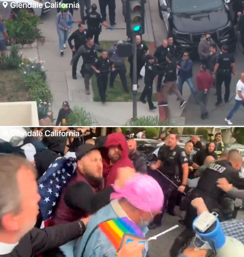Peleas fuera de una reunión del distrito escolar sobre el derecho de los estudiantes a elegir sus pronombres en una escuela en Glendale, California.