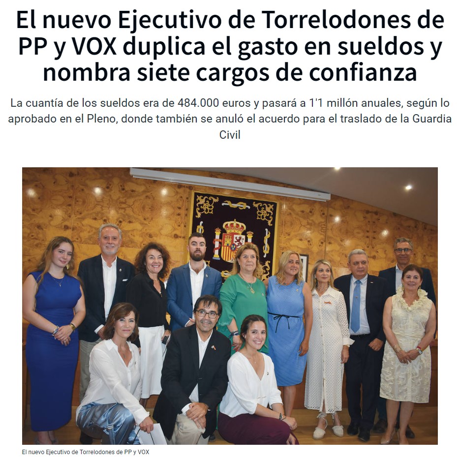 El nuevo gobierno de PP y VOX en Torrelodones DUPLICA el gasto en sueldos.
