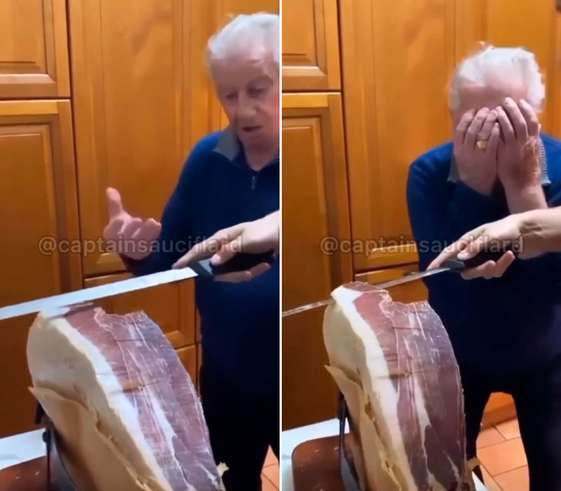 Consumir jamón en cantidades moderadas no es especialmente malo para la salud, pero cortarlo mal le puede provocar un infarto a tu padre.