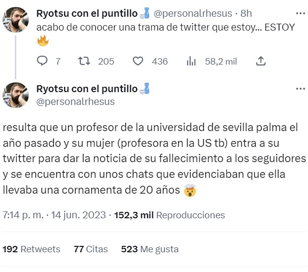 Un profesor de la universidad de Sevilla palma el año pasado y su mujer (profesora en la misma uni) entra a su Twitter para dar la noticia de su fallecimiento a los seguidores y... descubre chats que prueban una cornamenta de 20 años.