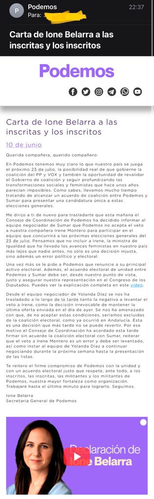 Podemos acepta ir con Sumar, pero ahora dicen que no aceptan el veto a Irene Montero.