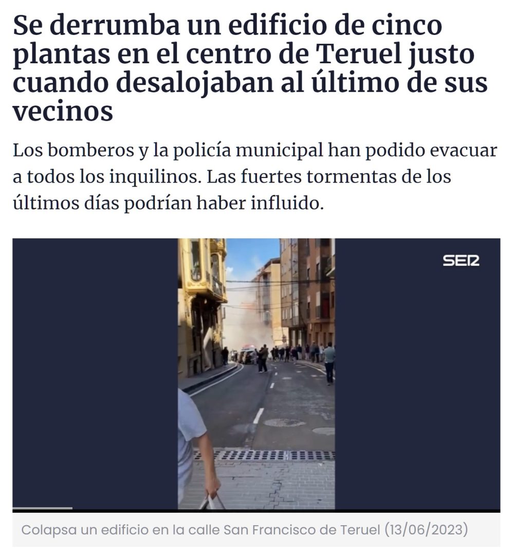 Un edificio de viviendas se derrumba en Teruel a causa de las tormentas registradas estos últimos días.