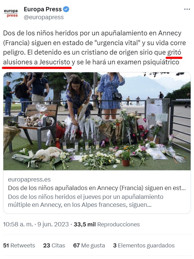 El atacante de Annecy gritó "en el nombre de Jesucristo" mientras corría cuchillo en mano.