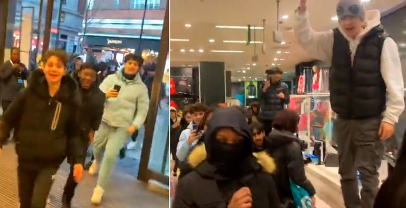 Un grupo de jóvenes agradables sujetos corre por la ciudad entrando en establecimientos y vandalizándolos