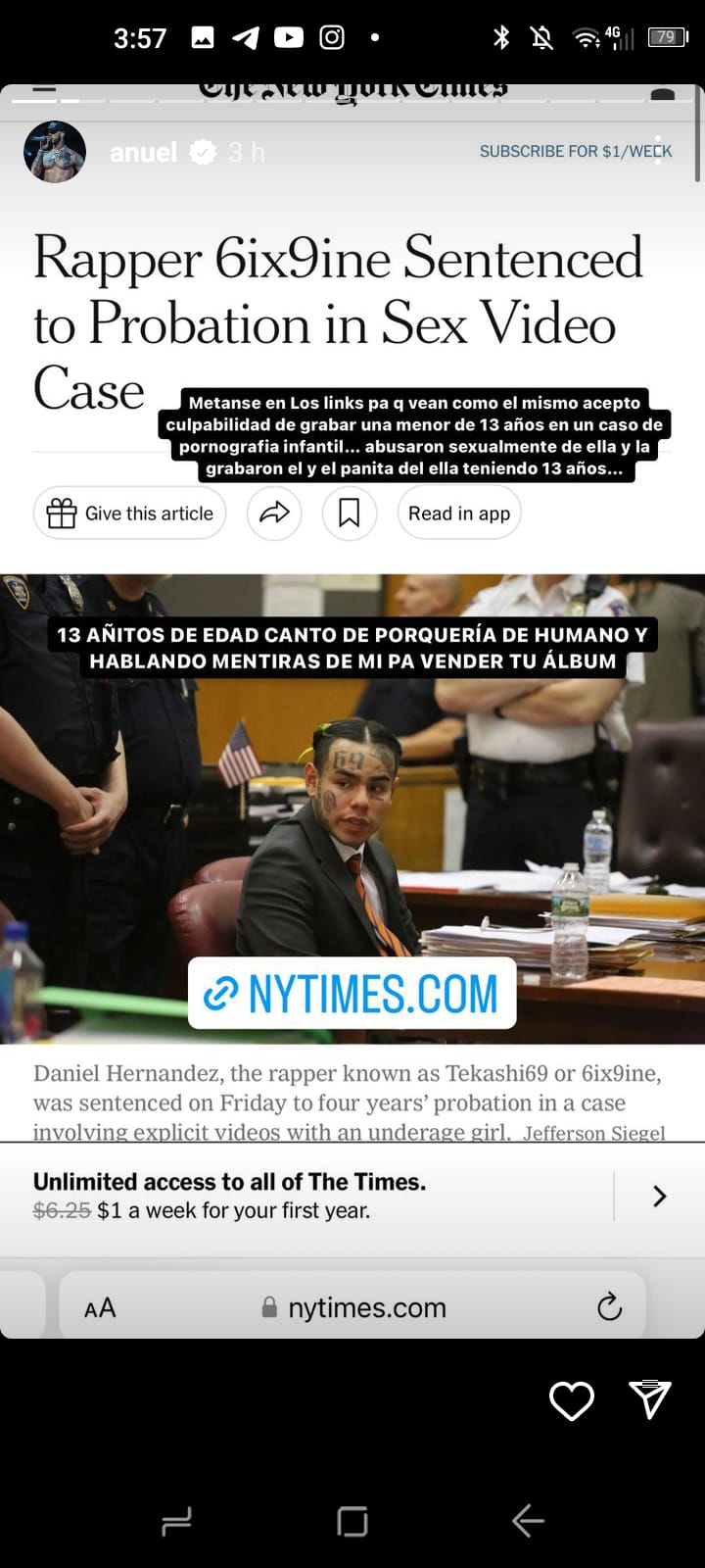 Anuel, Yailin y 6ix9ine son 3 regatoneros que están picados y llevan unas horas subiendo unas stories a Instagram que harían llorar a Pérez Reverte