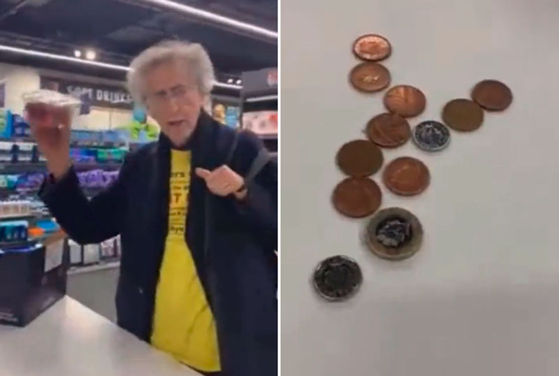 Piers Corbyn insiste en pagar con moneda de curso legal en una tienda sin efectivo a la que califica de distópica.